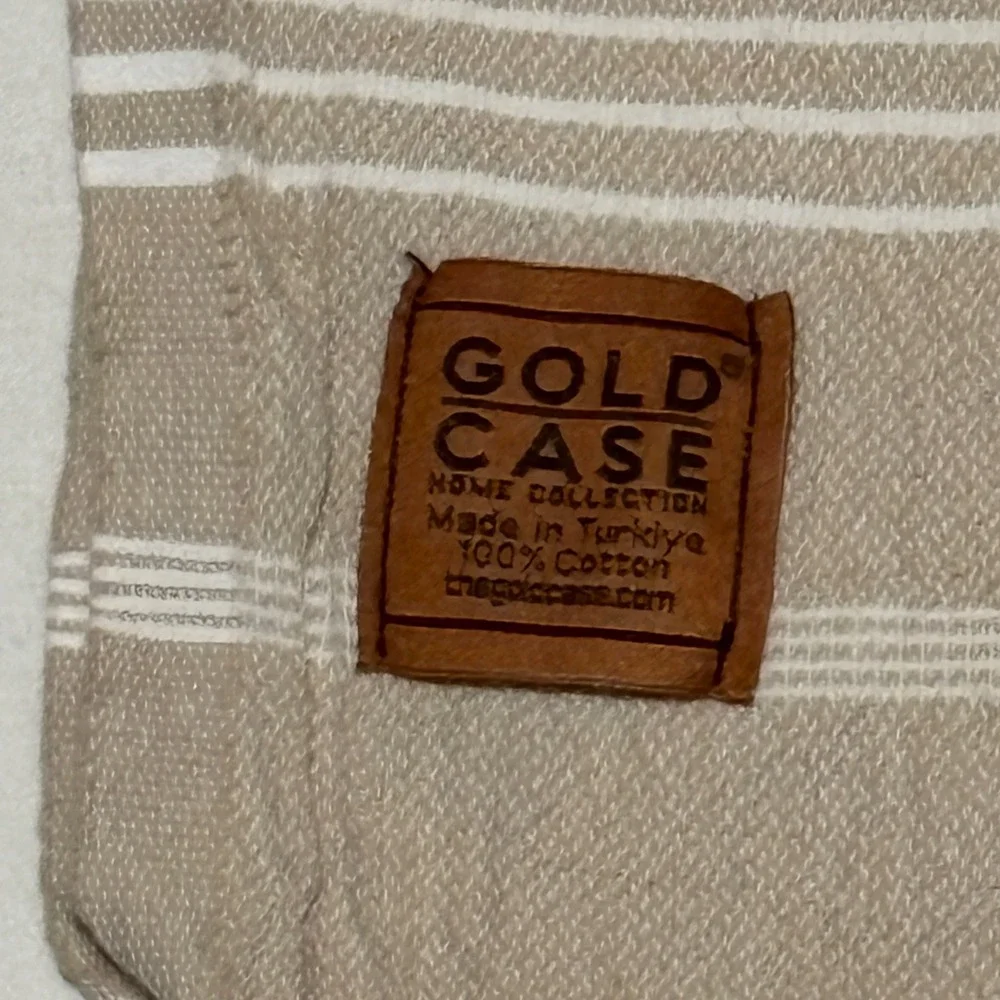 Gold Case Turkish Hand Towel Unisex OS Tan White Striped Cotton Fringe Farmhouse